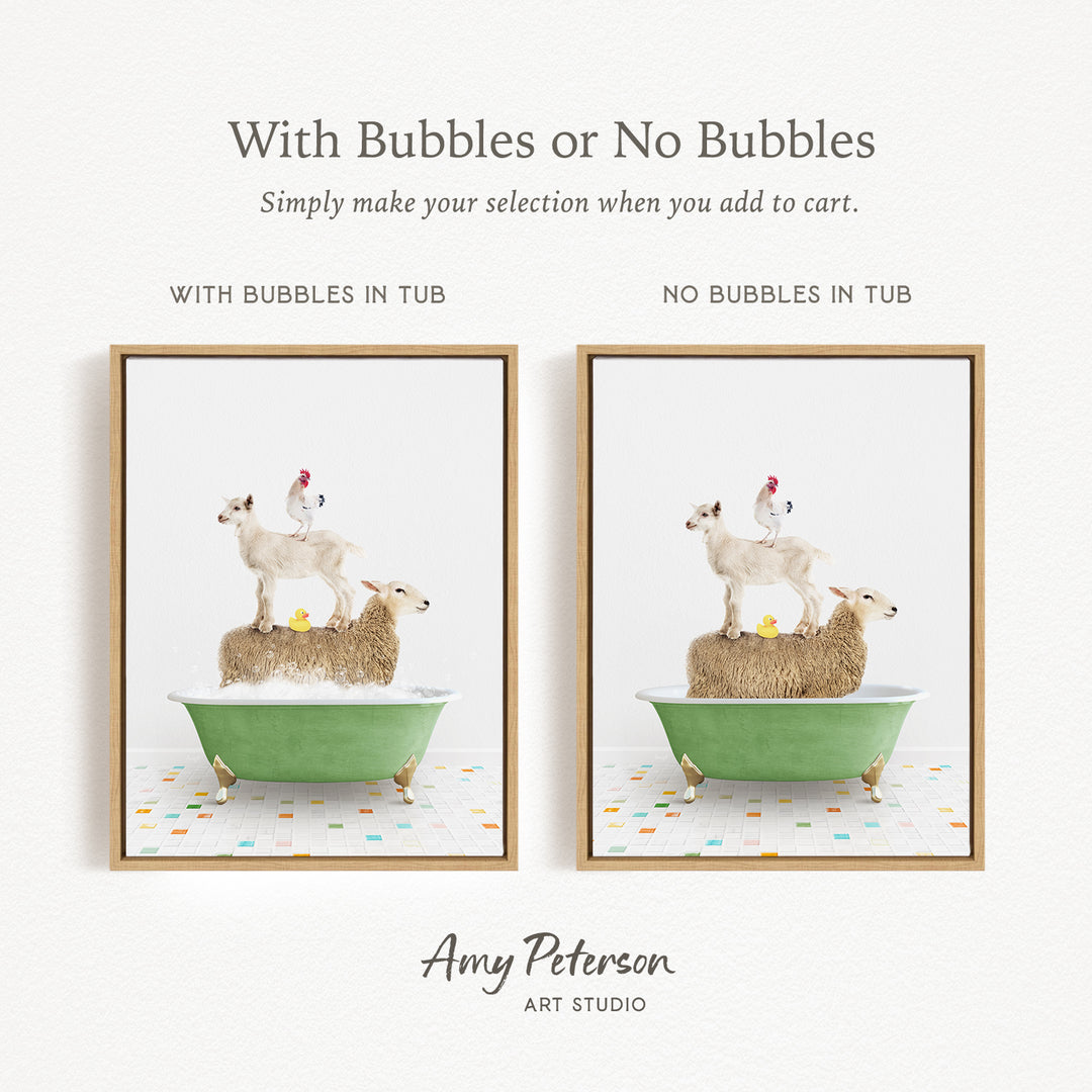 The image is a collage of two framed pictures, each depicting a sheep standing on a tub of water with bubbles, and a chicken standing on a sheep's back in a tub without bubbles. The text above the images reads "With Bubbles or No Bubbles Simply make your selection when you add to cart."