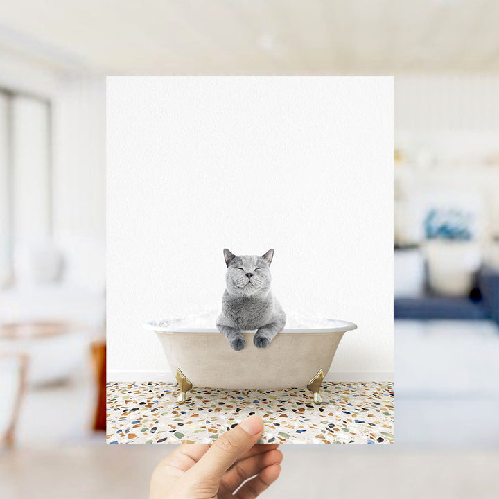 A gray cat sitting in a white bathtub filled with bubbles, with a hand holding the image up to the camera.