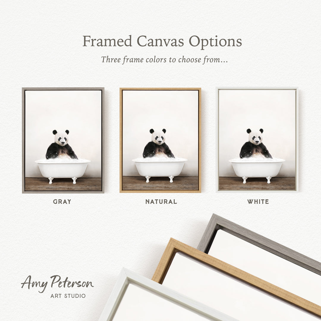 three framed canvas options, each featuring a panda bear sitting in a bathtub. The options include a gray frame, a natural frame, and a white frame.