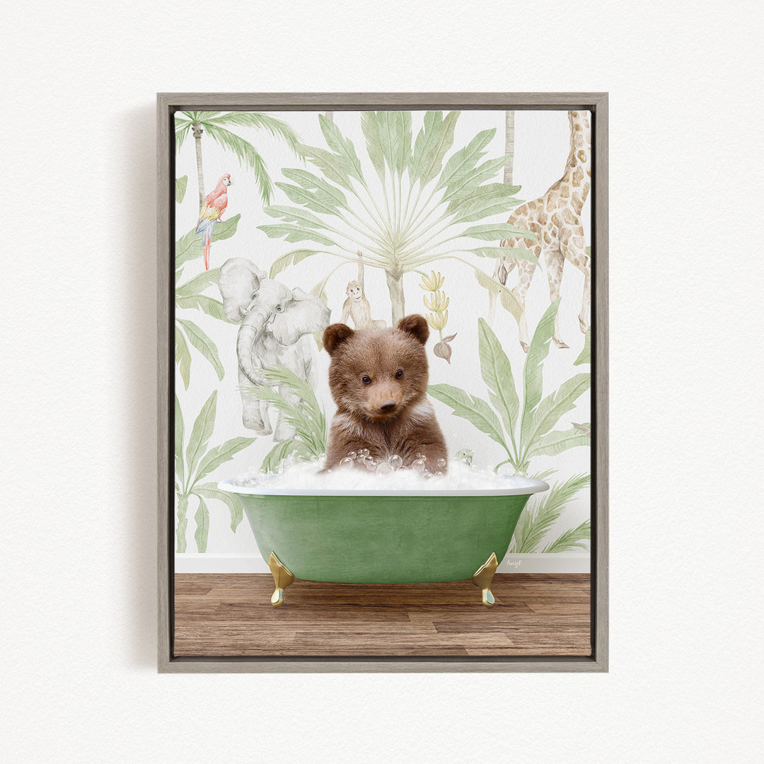 A brown bear sitting in a green bathtub, surrounded by a tropical jungle wallpaper.