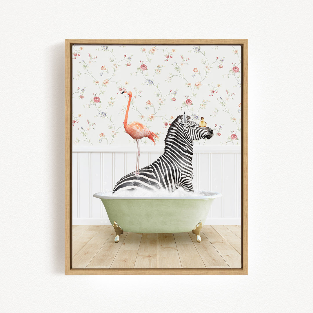 A zebra is sitting in a green bathtub, surrounded by a pink flamingo and a bird, against a floral wallpaper backdrop.