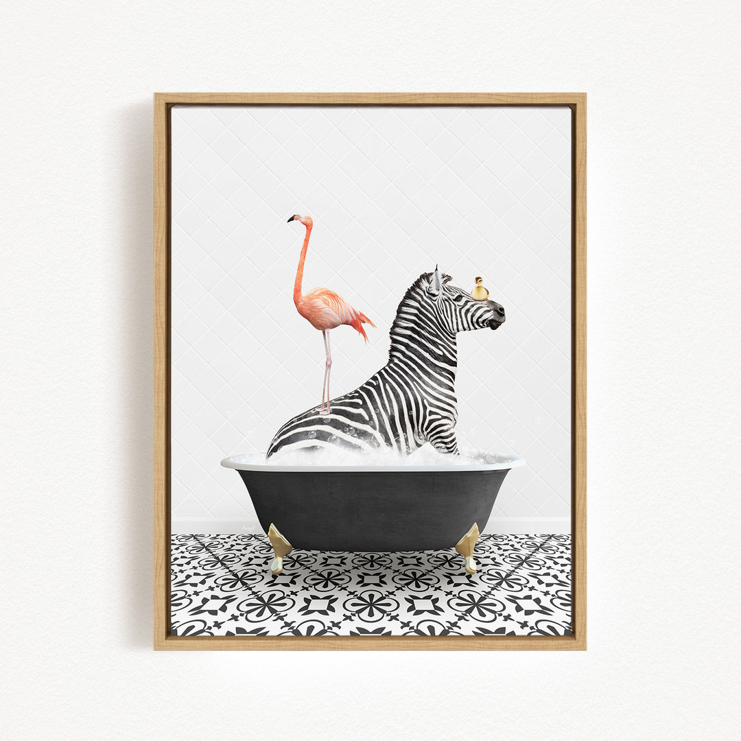 A framed image depicting a zebra sitting in a bathtub, with a flamingo standing on its back and a bird perched on its head.