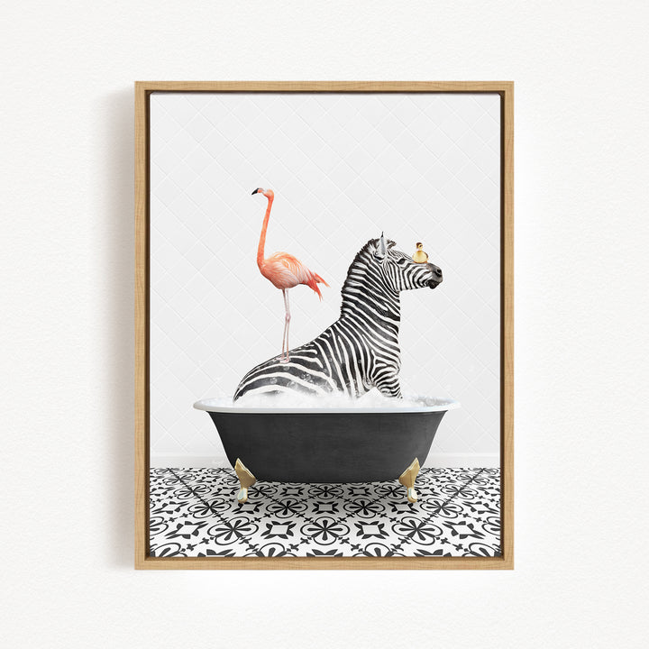 A framed image depicting a zebra sitting in a bathtub, with a flamingo standing on its back and a bird perched on its head.