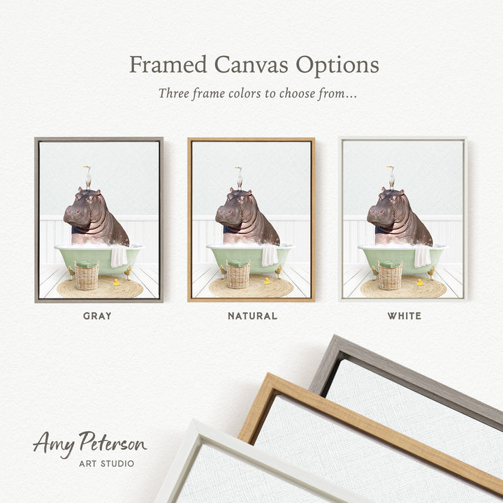 three framed canvas options featuring a hippopotamus in a bathtub, each with a different frame color: gray, natural, and white.