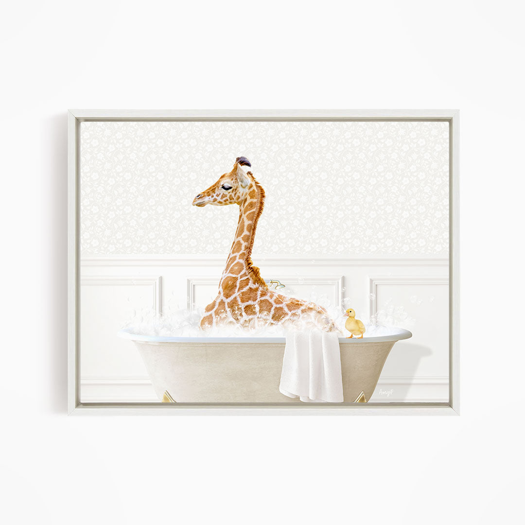 A giraffe sitting in a bathtub filled with water, surrounded by bubbles, and a yellow duck nearby.