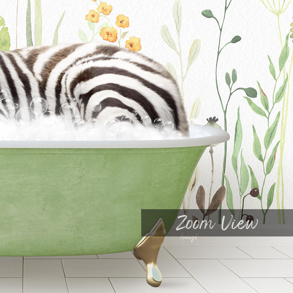 A zebra lying in a green bathtub filled with bubbles, surrounded by a floral wallpaper.