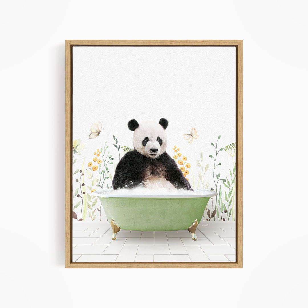 A panda bear sitting in a green bathtub filled with bubbles, surrounded by flowers and butterflies.