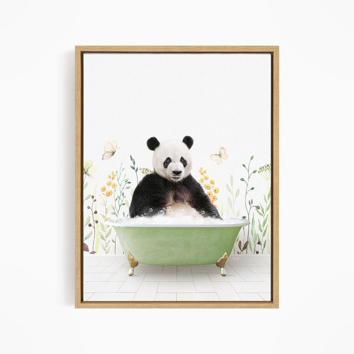 A panda bear sitting in a green bathtub filled with bubbles, surrounded by flowers and butterflies.