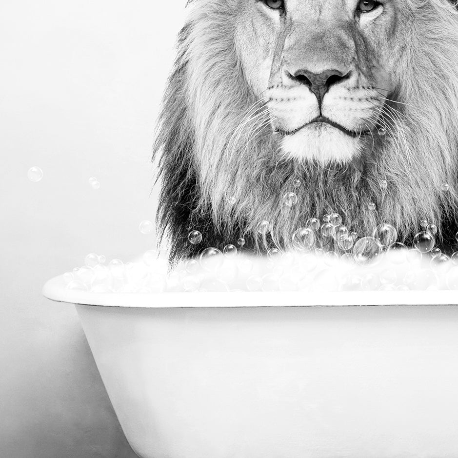 a black and white photo of a lion in a bathtub