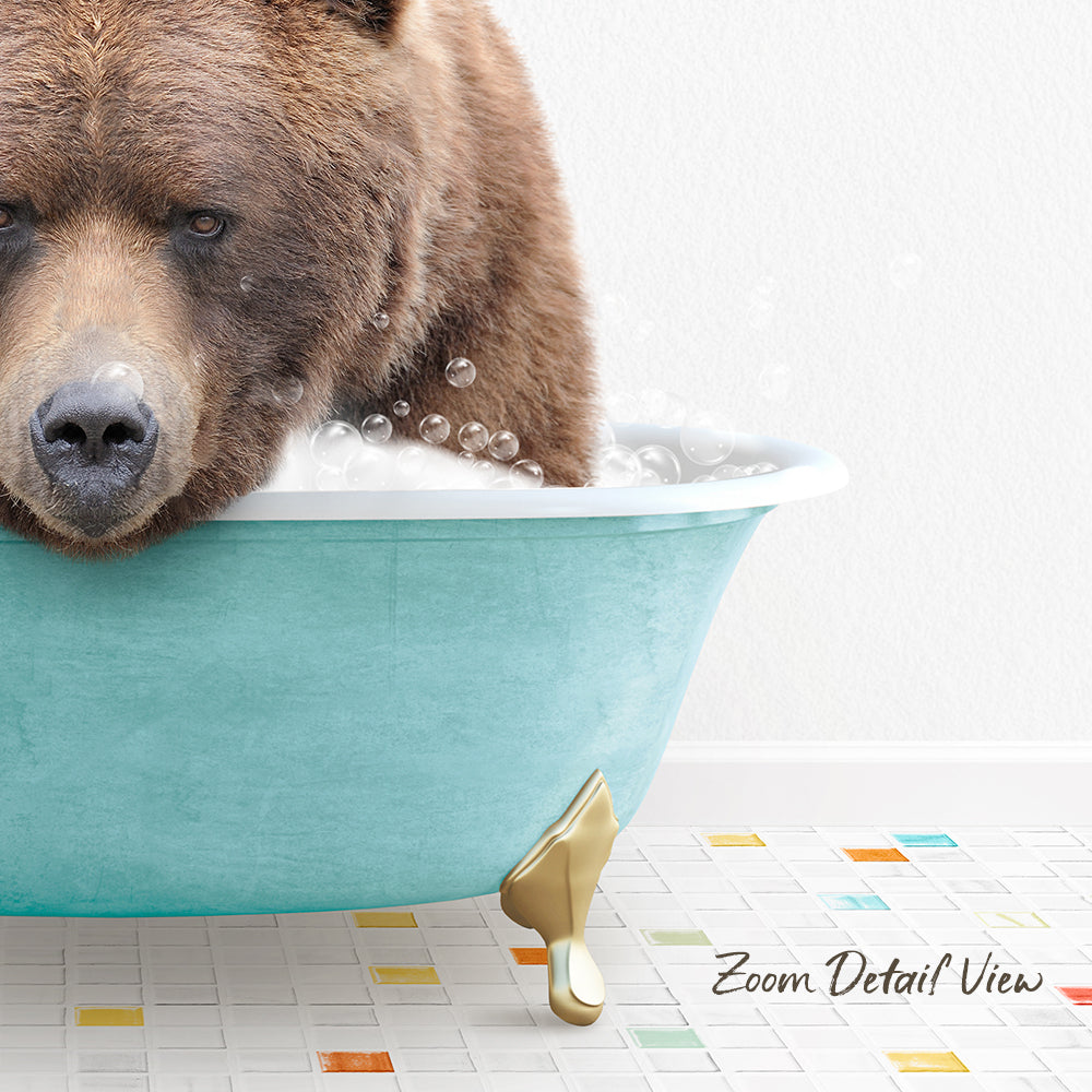 A brown bear is sitting in a blue bathtub filled with bubbles, with a colorful tiled floor in the foreground.