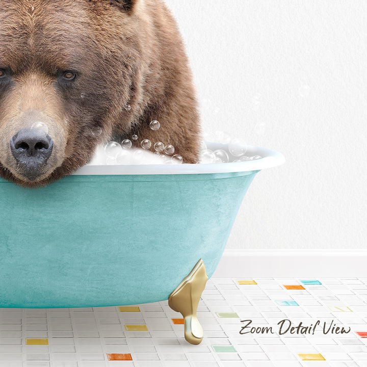 A brown bear is sitting in a blue bathtub filled with bubbles, with a colorful tiled floor in the foreground.