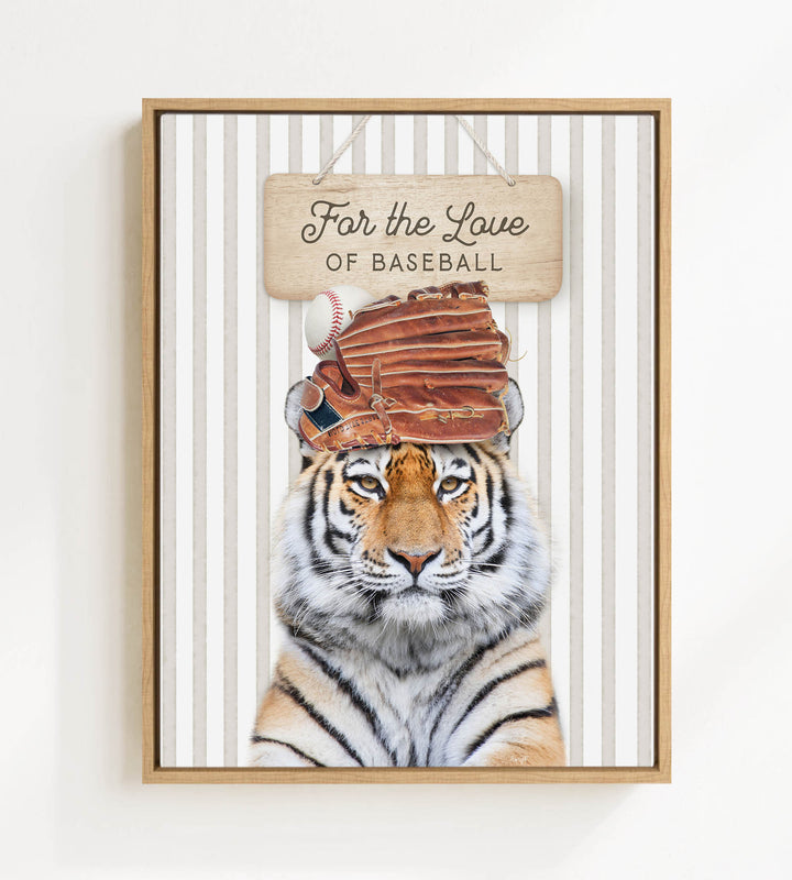 A tiger wearing a baseball glove and standing in front of a sign that says "For the Love of Baseball".