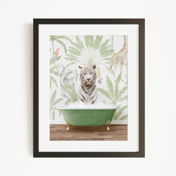 A framed image depicting a tiger sitting in a green bathtub, surrounded by various animals and plants, creating a whimsical and playful scene.