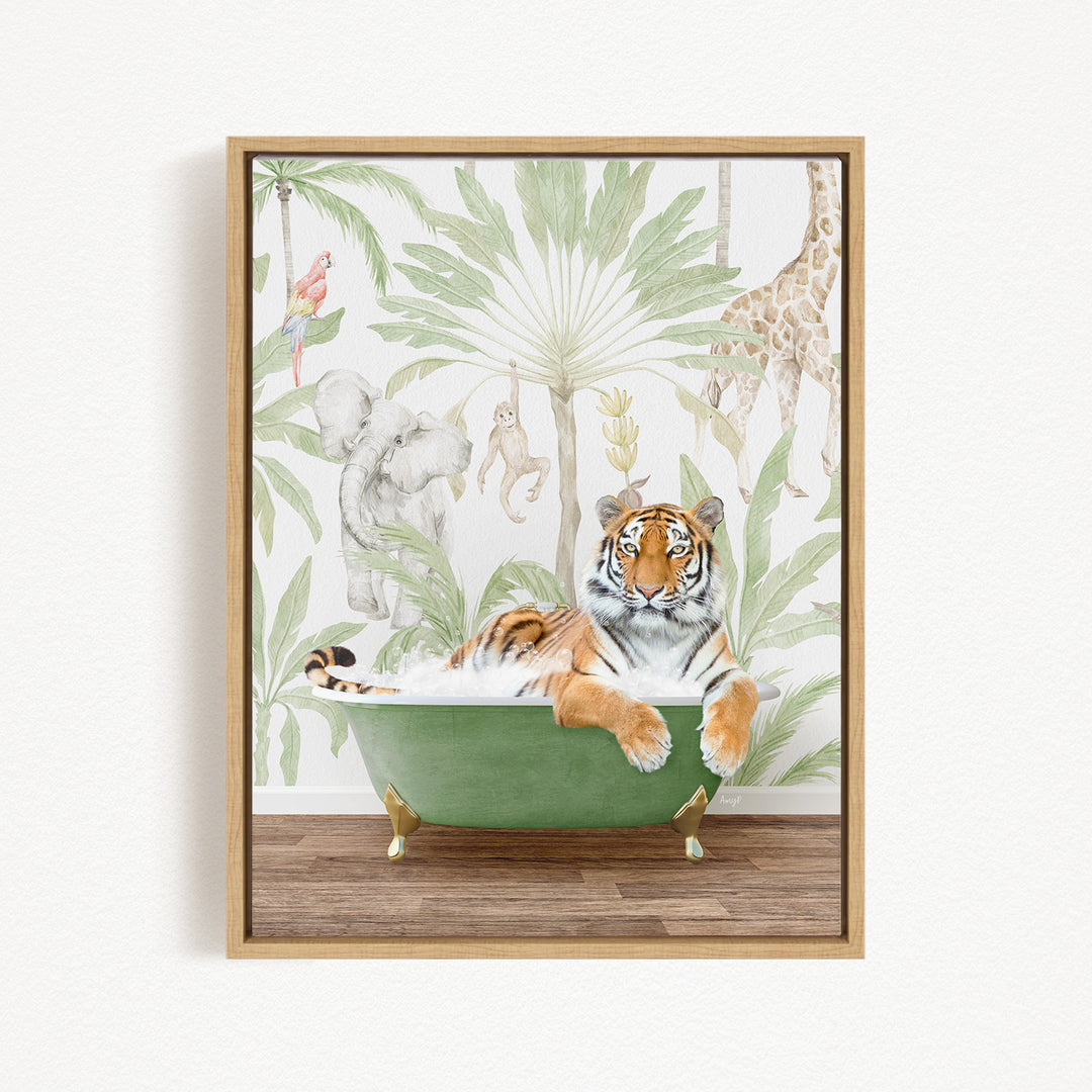 A tiger is sitting in a green bathtub, surrounded by various animals such as a parrot, giraffe, and monkey, all set against a tropical wallpaper backdrop.