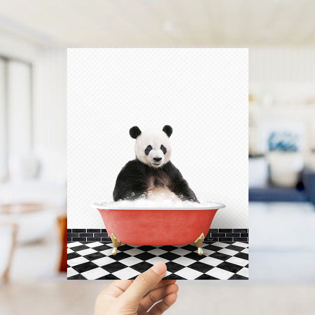 A panda bear sitting in a red bathtub filled with bubbles, with a checkered black and white floor in the background.