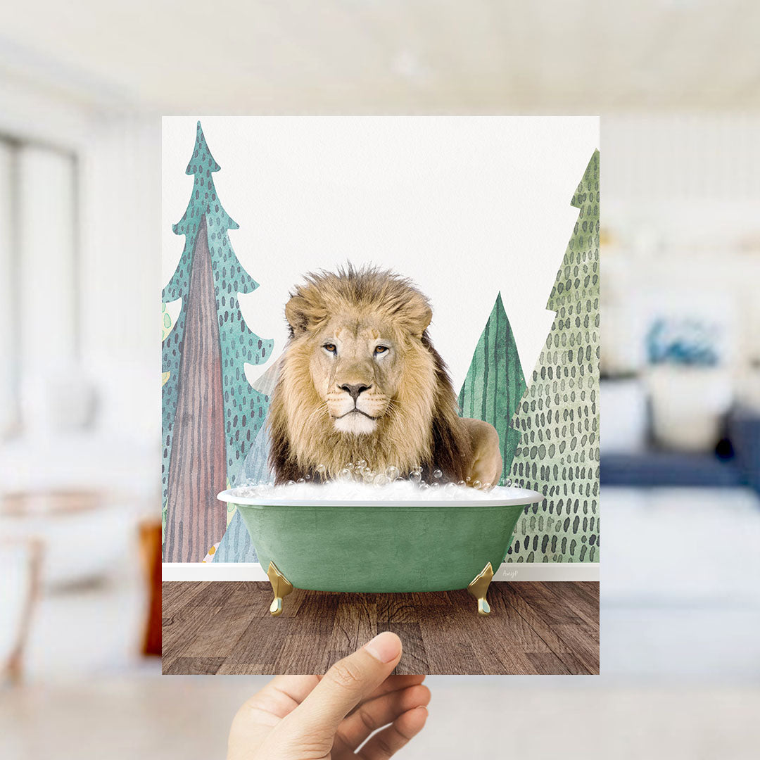 A lion is sitting in a green bathtub, surrounded by trees and a patterned wall.