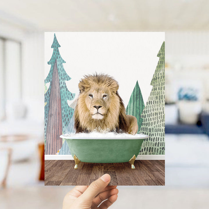 A lion is sitting in a green bathtub, surrounded by trees and a patterned wall.