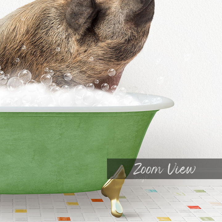 A dog is sitting in a green bathtub filled with bubbles, appearing to enjoy the bath.