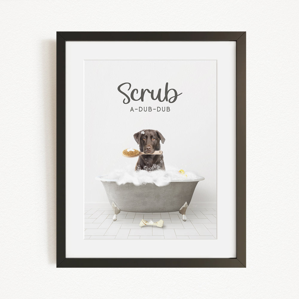 A dog sitting in a bathtub, holding a toothbrush in its mouth, with the text "Scrub A-DUB-DUB" above the image.