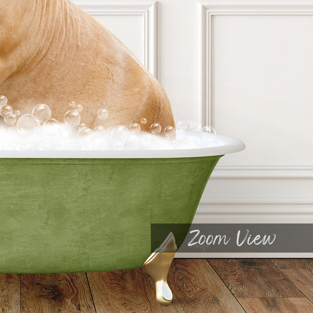 A dog is taking a bath in a green bathtub filled with bubbles, with a white wall in the background.