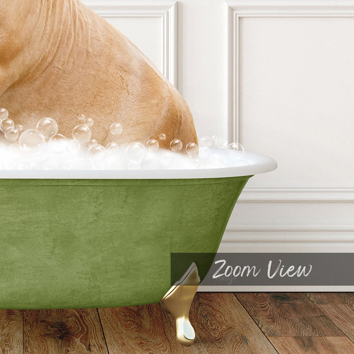 A dog is taking a bath in a green bathtub filled with bubbles, with a white wall in the background.