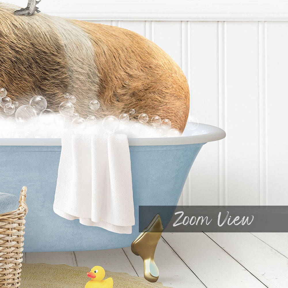 A dog is taking a bath in a blue bathtub, surrounded by bubbles and a towel, with a rubber duck nearby.