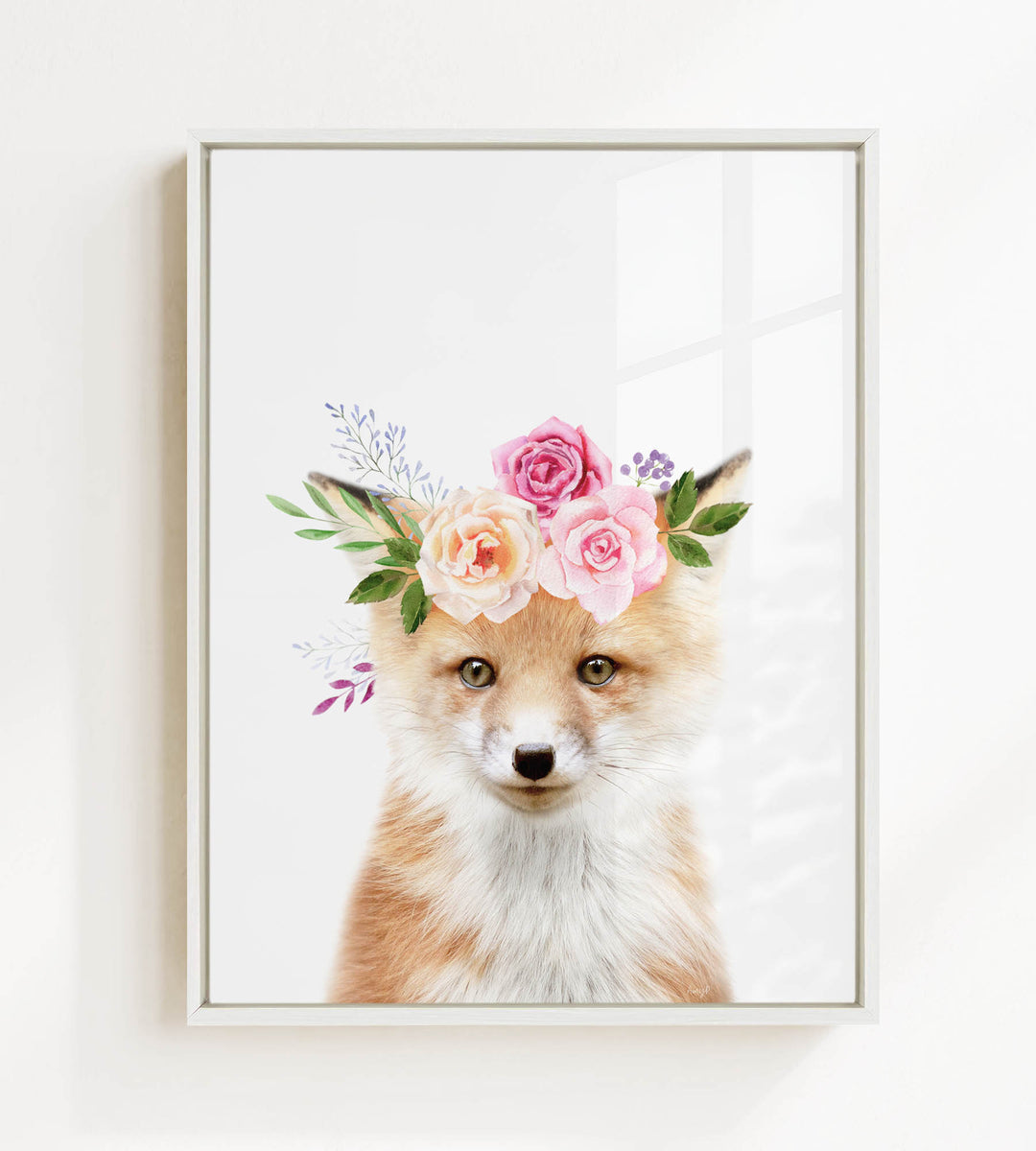 A fox wearing a floral crown of pink and white roses and green leaves.