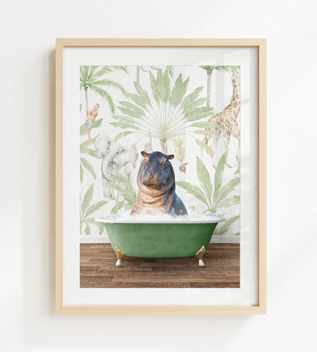 A framed image depicting a hippopotamus sitting in a green bathtub, surrounded by tropical foliage and animals.