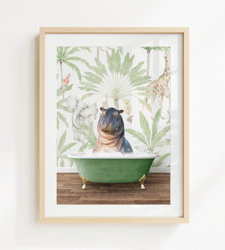 A framed image depicting a hippopotamus sitting in a green bathtub, surrounded by tropical foliage and animals.