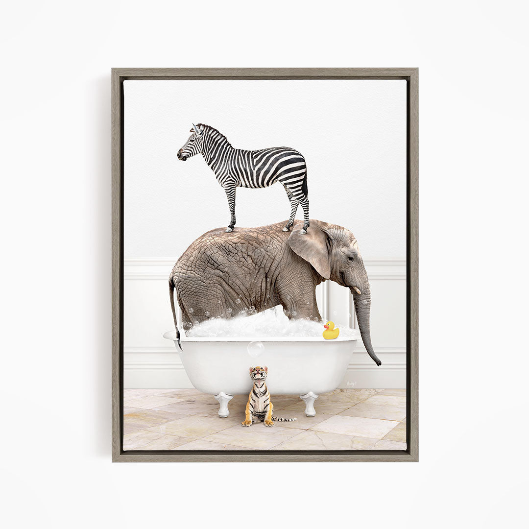 A zebra stands on the back of an elephant, which is submerged in a bathtub, with a small tiger figurine nearby.
