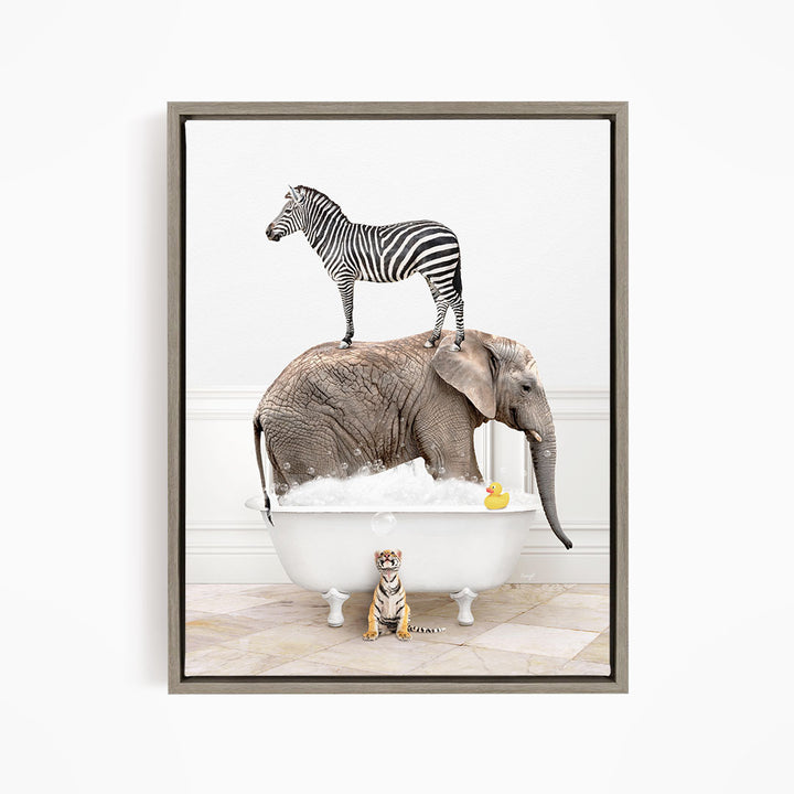 A zebra stands on the back of an elephant, which is submerged in a bathtub, with a small tiger figurine nearby.