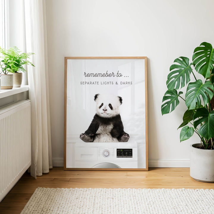 a framed poster of a panda bear sitting on a washing machine, with the text "Remember to separate lights & darks" on the poster.