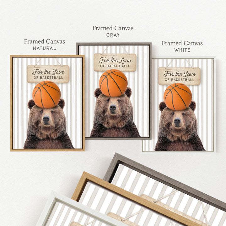 a framed canvas with a brown bear holding a basketball on its head.