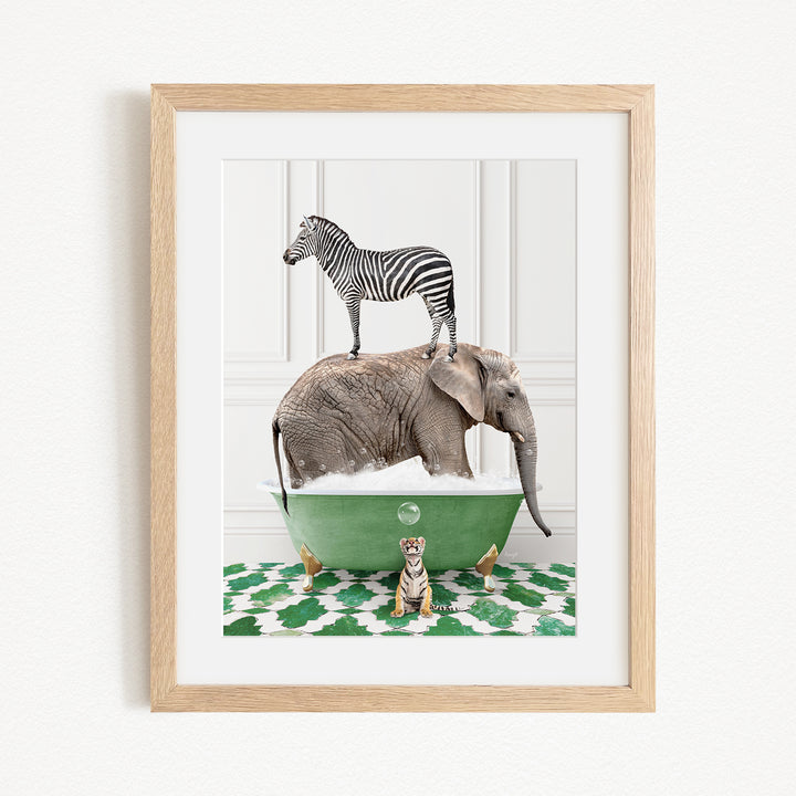 A zebra stands on top of an elephant in a green bathtub, with a tiger sitting in the tub below.