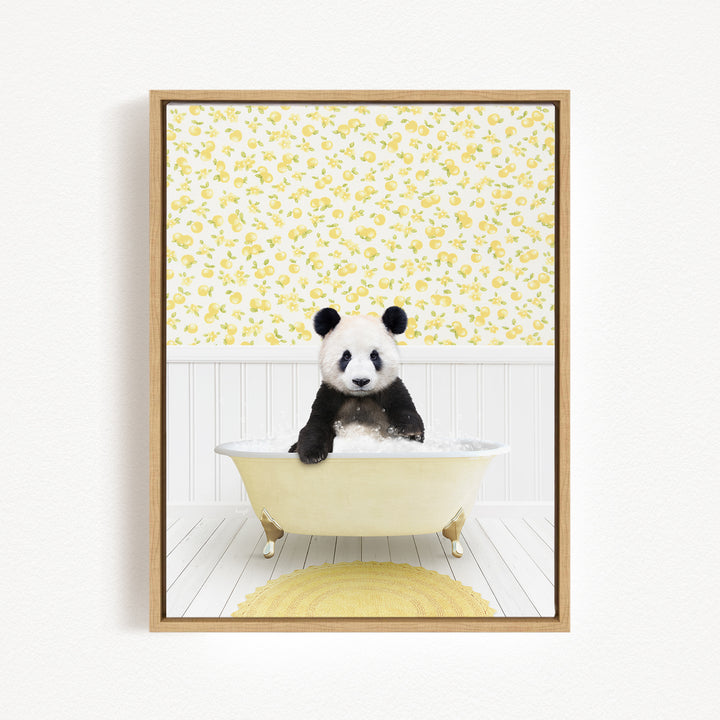 A panda bear sitting in a bathtub filled with bubbles, surrounded by a yellow floral wallpaper.