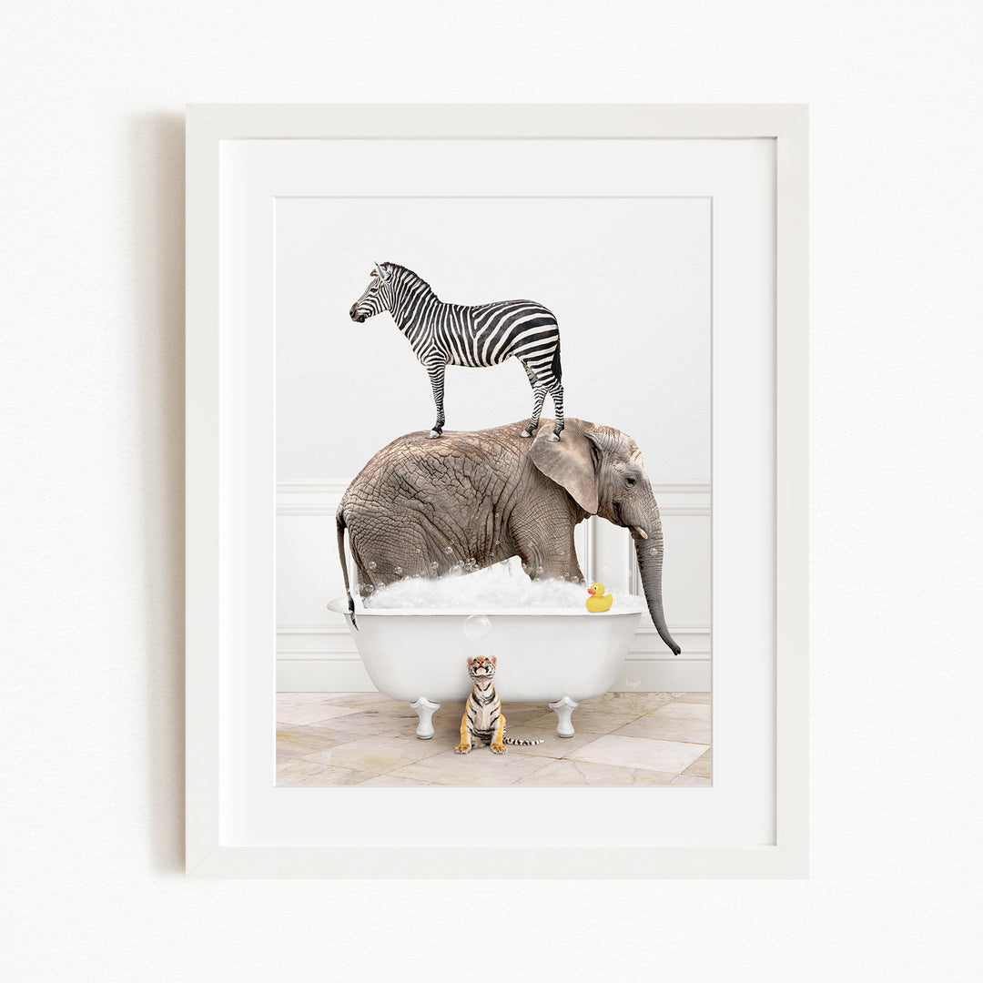 A zebra stands on the back of an elephant while an elephant is partially submerged in a bathtub, with a small tiger sitting nearby.