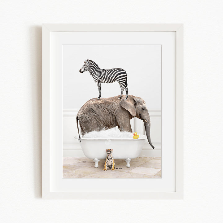 A zebra stands on the back of an elephant while an elephant is partially submerged in a bathtub, with a small tiger sitting nearby.