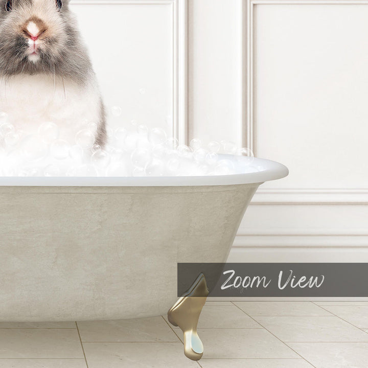 A fluffy gray and white rabbit sitting in a white bathtub filled with bubbles, with a "Zoom View" label below the image.