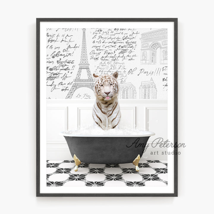 a white tiger sitting in a bathtub in front of the eiffel tower