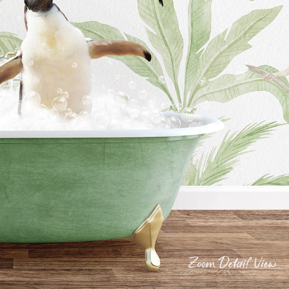 A penguin standing in a green bathtub filled with bubbles, with a tropical plant wallpaper in the background.