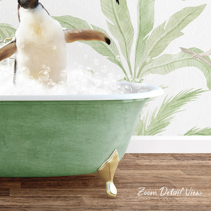 A penguin standing in a green bathtub filled with bubbles, with a tropical plant wallpaper in the background.