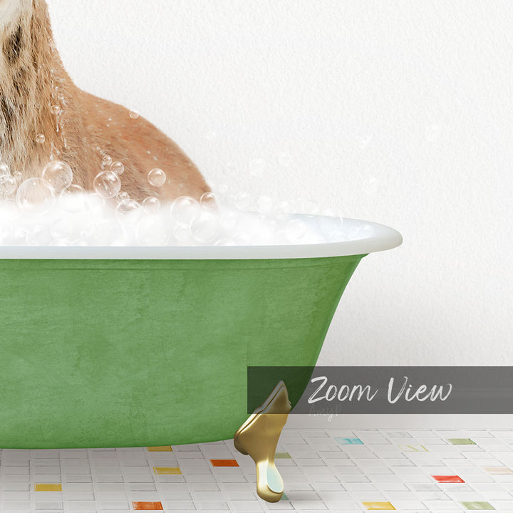 A cat is sitting in a green bathtub filled with bubbles, enjoying a bath.