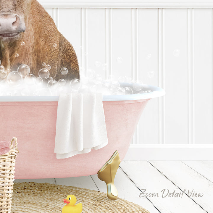 A brown cow is standing in a pink bathtub filled with bubbles, surrounded by a yellow rubber duck and a white towel.