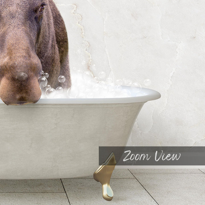 A close-up of a dog's face peeking out of a bathtub filled with bubbles, with a text overlay that reads "Zoom View".