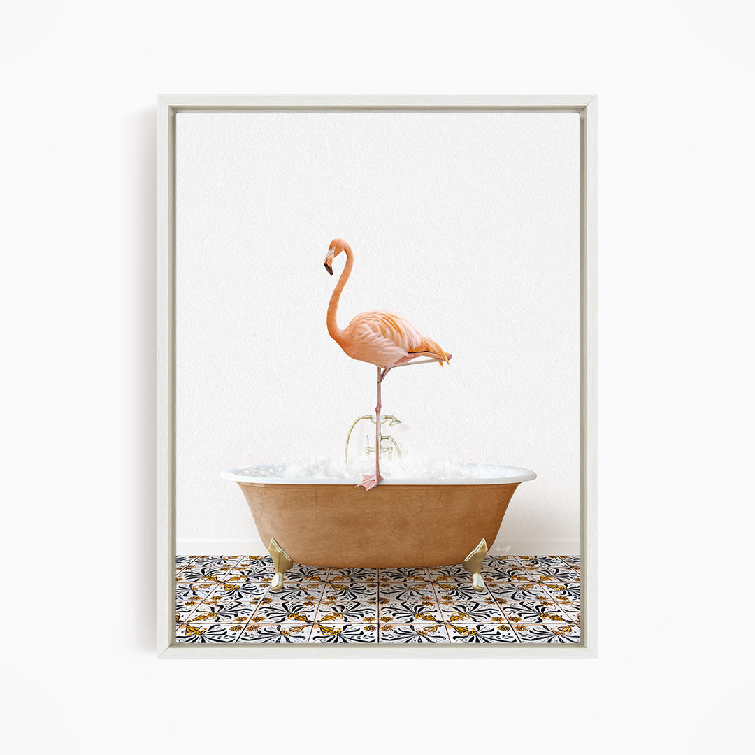A pink flamingo standing on a bathtub filled with bubbles, set against a white background with a patterned tile floor.