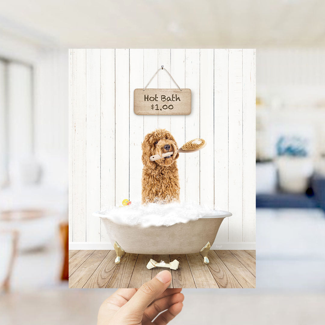 A brown dog standing in a white bathtub, holding a toy, with a sign that says "Hot Bath $1.00" above it.