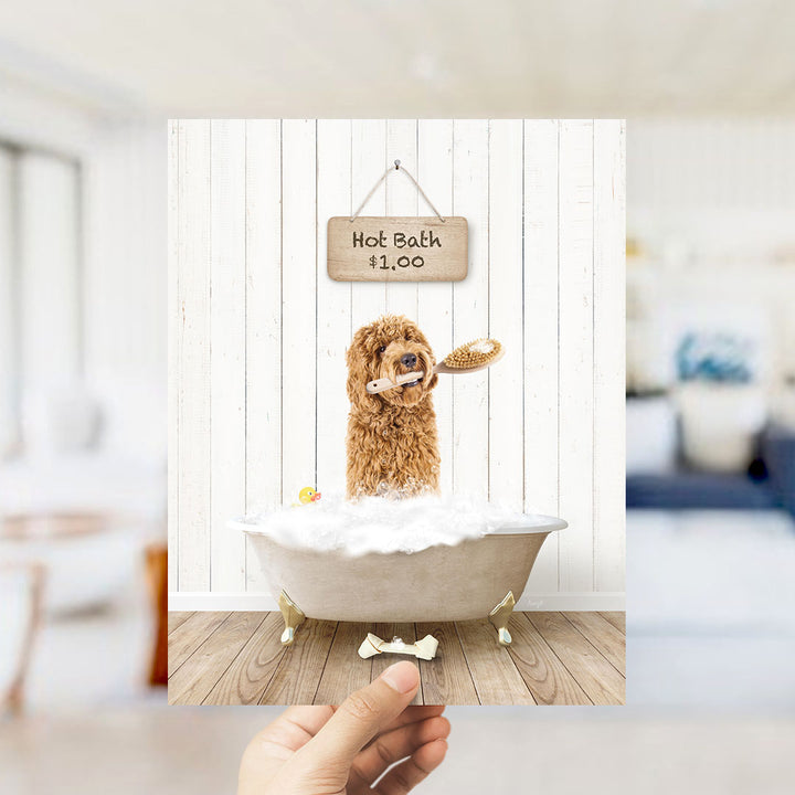 A brown dog standing in a white bathtub, holding a toy, with a sign that says "Hot Bath $1.00" above it.