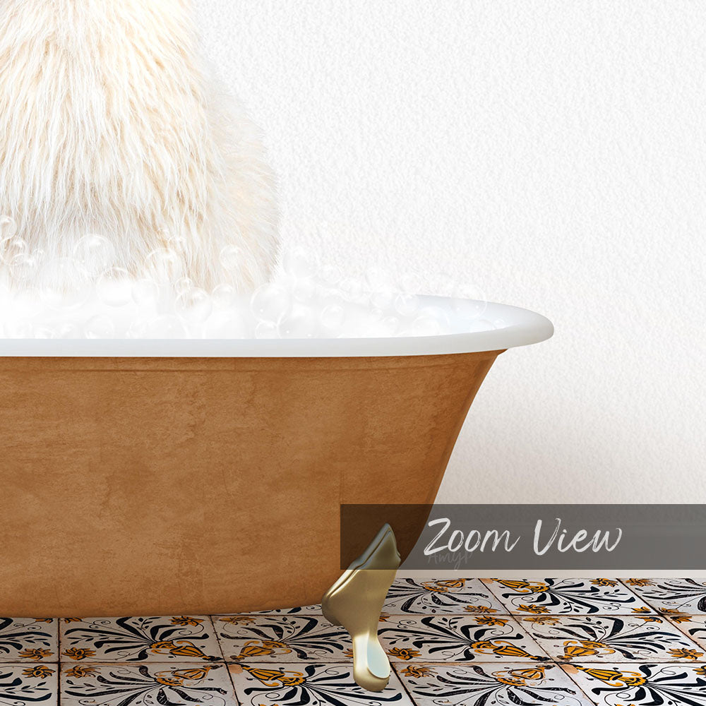 A fluffy white cat is sitting in a bathtub filled with bubbles, with a gold bathtub faucet visible.