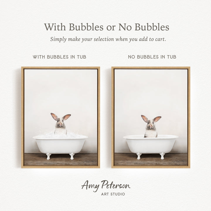 The image is a collage of two pictures featuring a rabbit sitting in a tub. The rabbit is sitting in a tub with bubbles, and the other tub is empty. The text above the images reads "With Bubbles or No Bubbles Simply make your selection when you add to cart."
