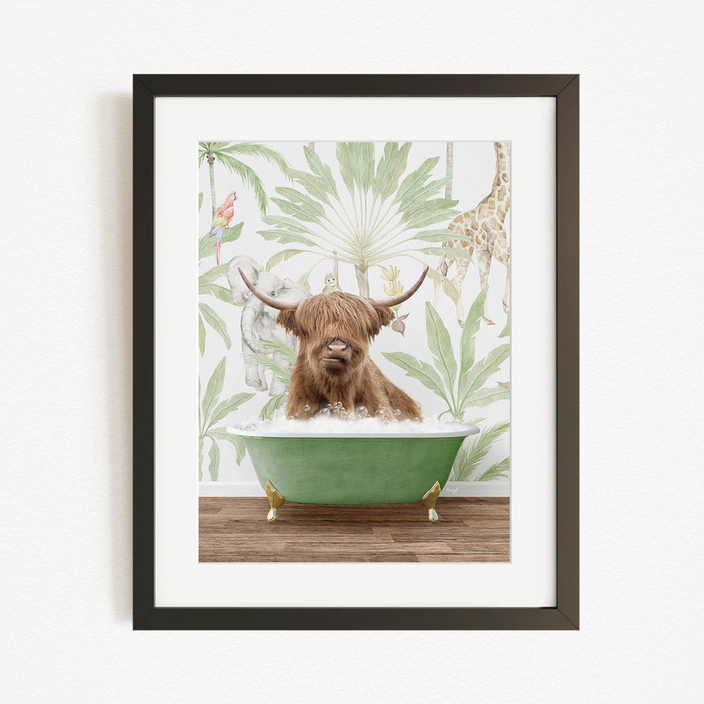 A brown cow with horns is sitting in a green bathtub, surrounded by tropical foliage and a giraffe in the background.